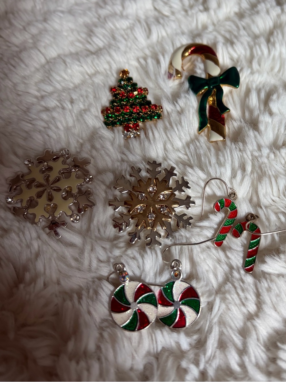 Holiday Candy Cane and Snowflake Earring & Brooch Set - Red, Green, White -